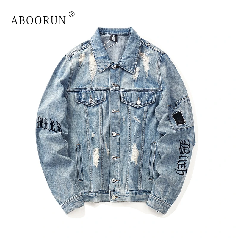 

ABOORUN Hi Street Men's Denim Jacket Gothic Embroidery Ripped Slim fit Denim Jacket Male Autumn Coat Streetwear x1826