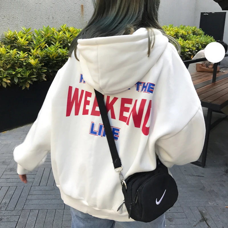  Hoodies Women Hooded Plus Velvet Letter Printed Loose Pockets Womens Hoodie Korean Style Harajuku A