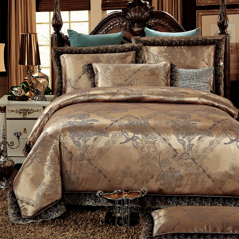 

4pcs Green Jacquard Satin bedding set king queen Luxury Silk cotton quilt/duvet cover bed linen bedclothes set home textile