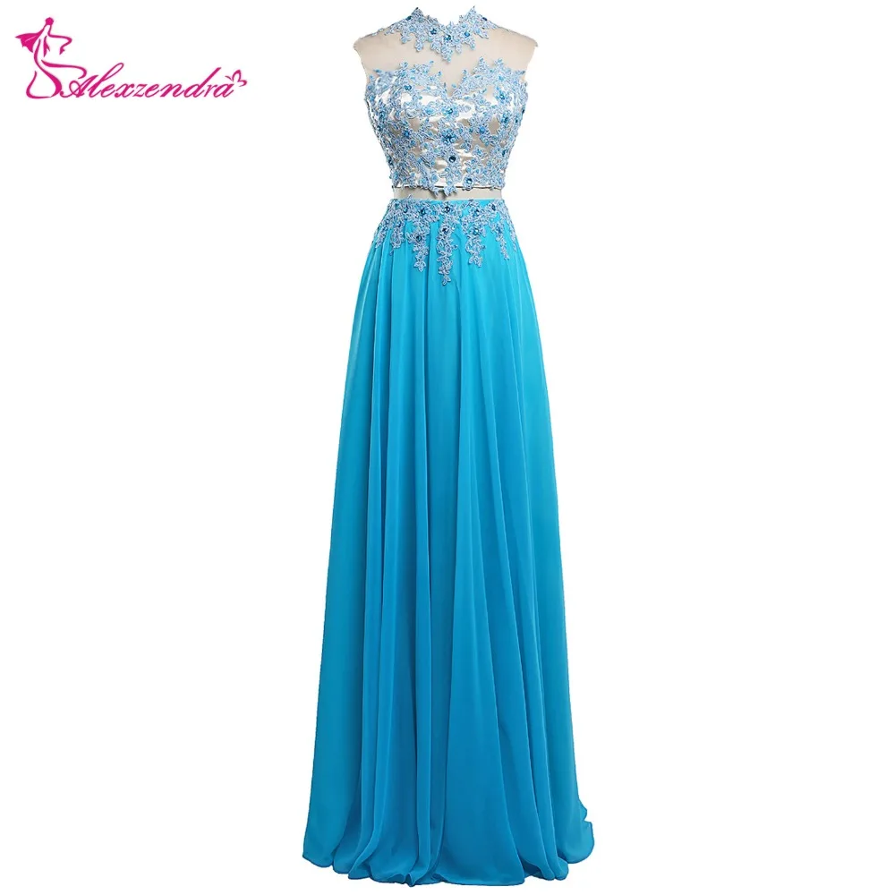 Alexzendra Blue Chiffon Two Pieces Prom Dresses Appliqued Beaded Long