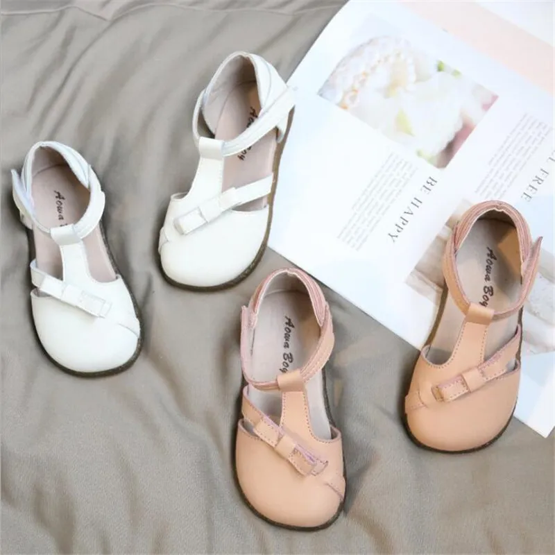 Летняя обувь для девочек; Высококачественная обувь из натуральной кожи на плоской подошве для девочек; кожаная обувь принцессы с бантом; Брендовая детская обувь