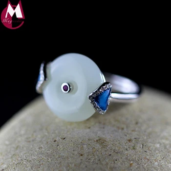 

100% Real S925 Sterling Silver Rings For Women Round Natural Jade Engagement Wedding Ring Mother Gifts Fine Crystal Jewelry SR45