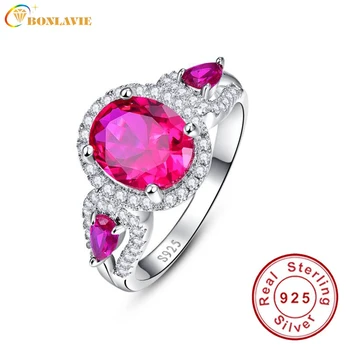 

BONLAVIE Red Gem Ruby Anniversary Promise Ring 925 Sterling Silver Wedding Bands Ring For Women Fine Jewelry Wholesale Fashion