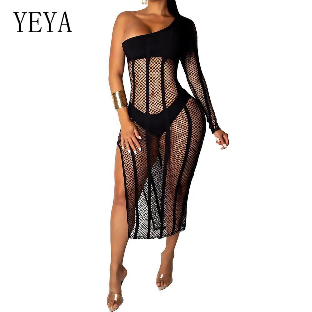

YEYA Sexy Perspective Mesh Three Pieces Sets Dress Women One Bshoulder Long Sleeve Hollow Out Grid Dress Femme High Split Dress