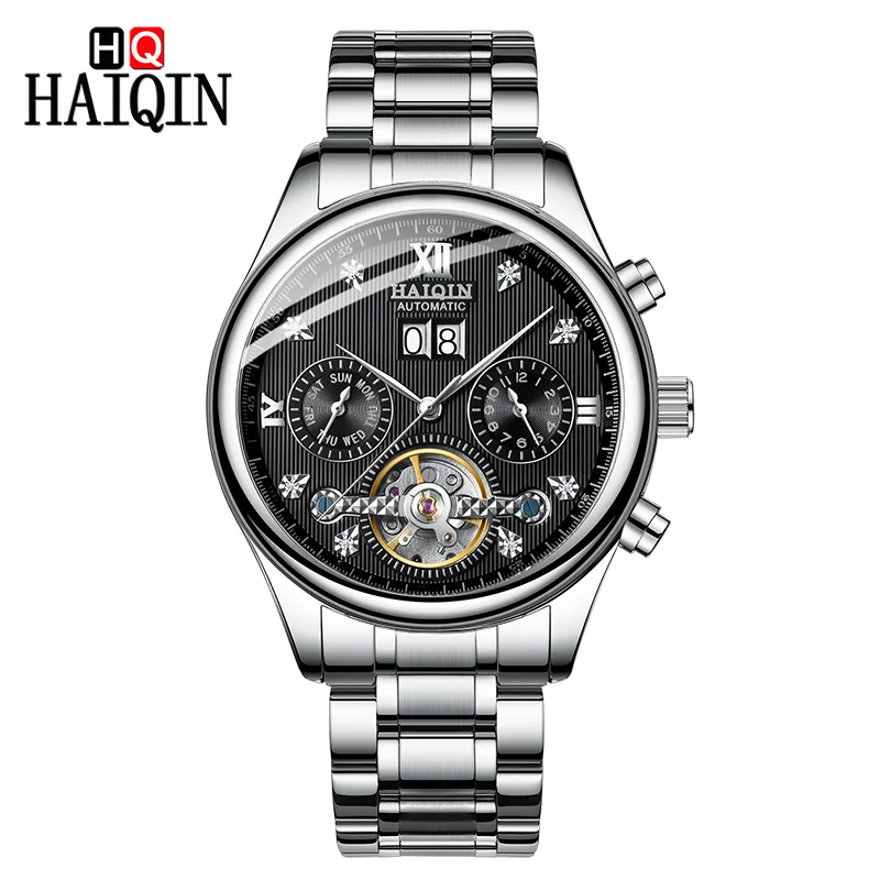 HAIQIN автоматические механические часы для мужчин бизнес нержавеющая сталь наручные часы роскошные часы водонепроницаемые часы с календарем Relojes Hombre - Цвет: Silver Black
