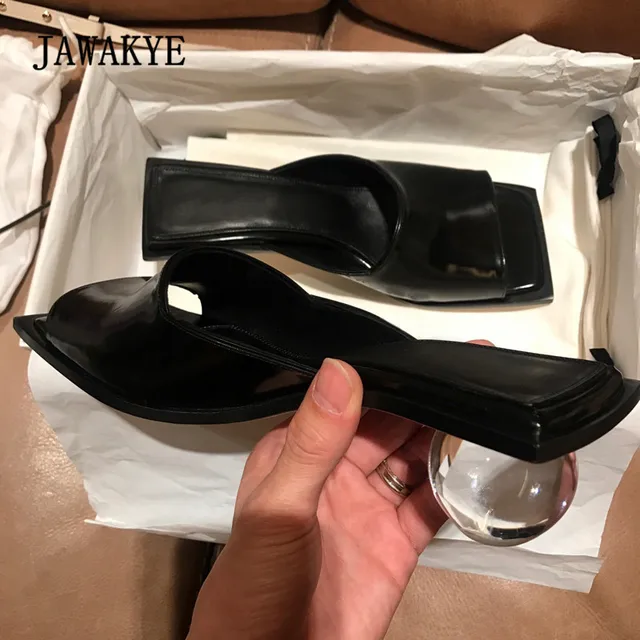 2018 Crystal Ball Heel Muller Shoes Women Open Toe Black Real Leather 5cm Heel Transparent Shoes Femme Gladiator Sandals 