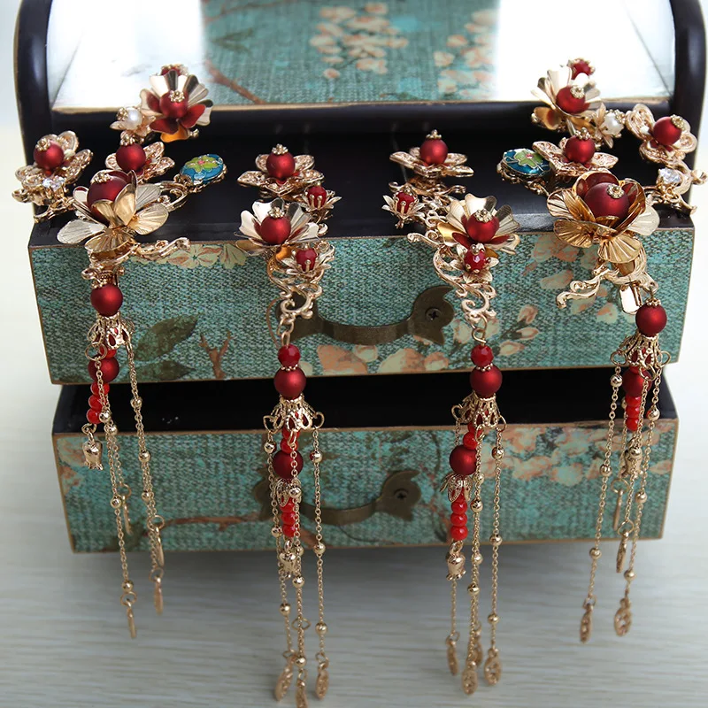 Стиль китайские длинные кисточки палочки для волос красный жемчуг наряд для тиары свадебный головной убор невесты
