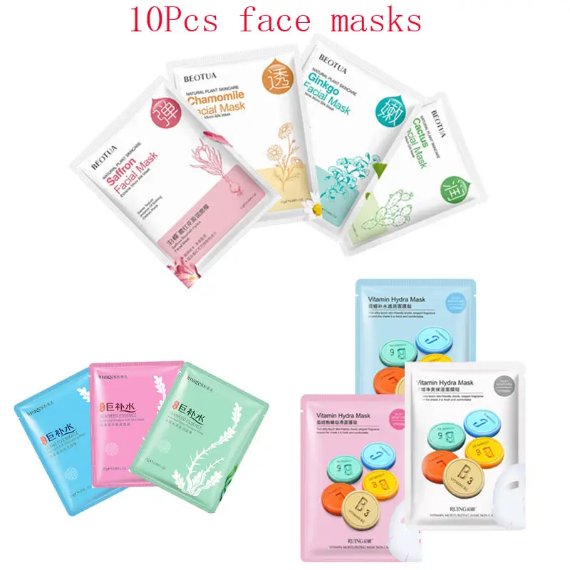 

10Pcs Mixed plant Cactus chamomile seaweed vitamin Face Mask Moisturizing Whitening Acne Treatment Facial Masks Korean Skin Care