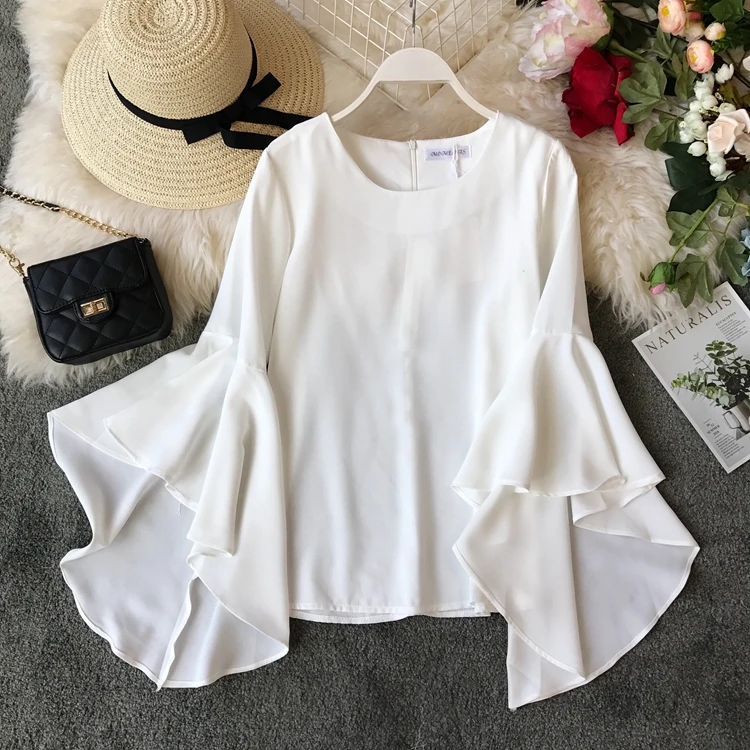 

Big Flare Sleeves O-Neck Women Blouse 2019 Summer Fashion Solid Sweet Shirt Modis Spring New Arrival Elegant Blusa