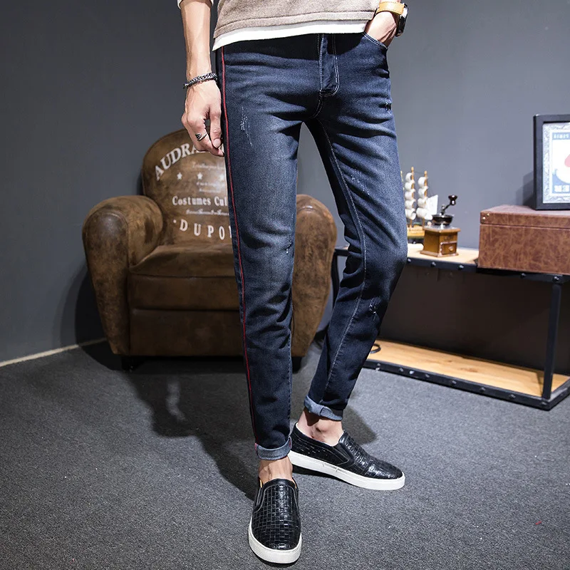 Облегающие повседневные джинсы для мужчин прямые джинсы дизайн байкерские Модные Slim Fit Эластичные брюки длинные джинсовые штаны