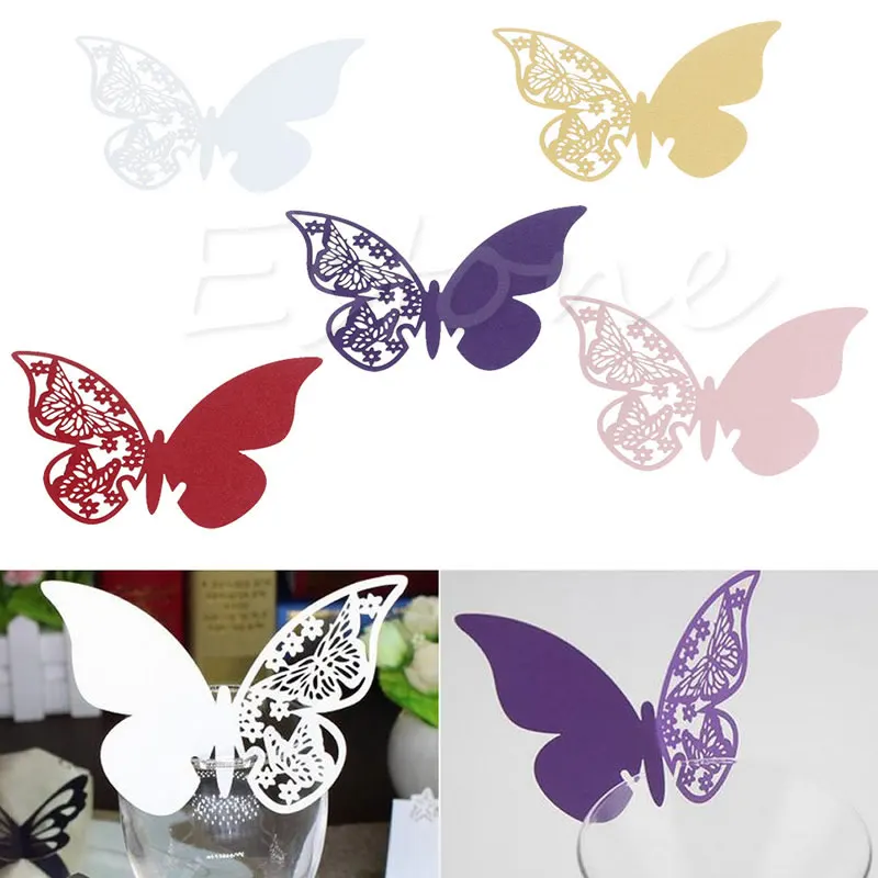 

50X Wine Glass Table Mark Butterfly Pattern Name Place Cards Party Wedding Decor