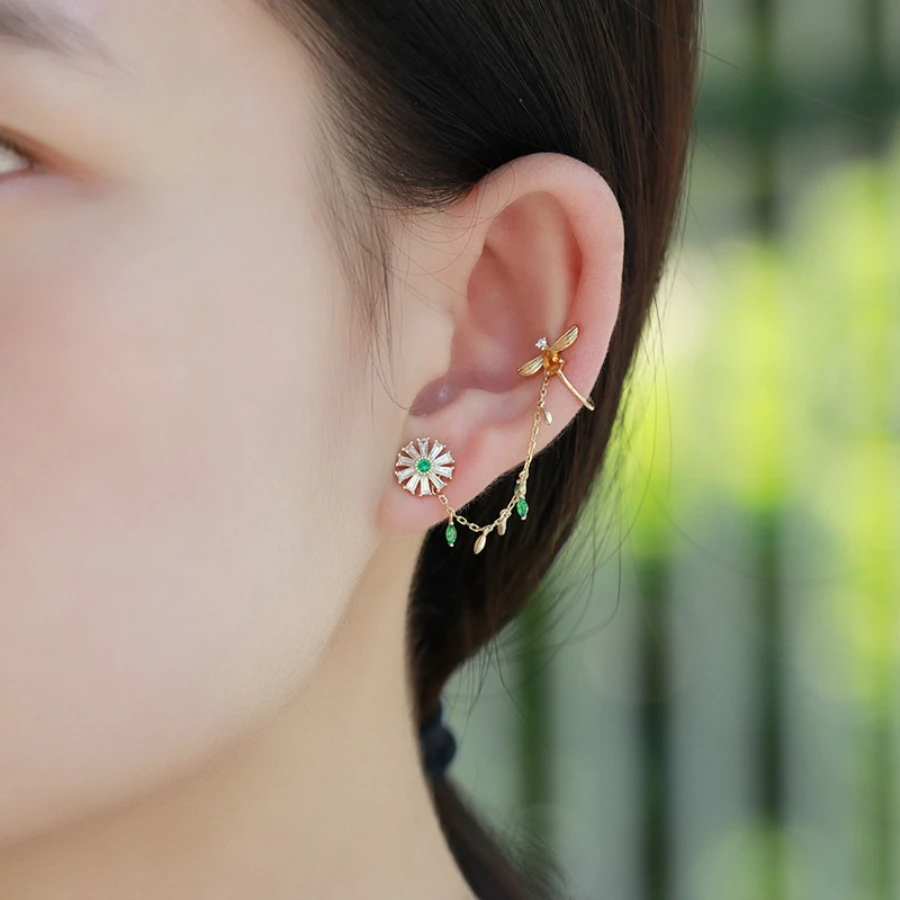 Bee Ear Cuff 14 K золотые серьги для ушного хряща Helix ромашки Изумрудный CZ цветок из
