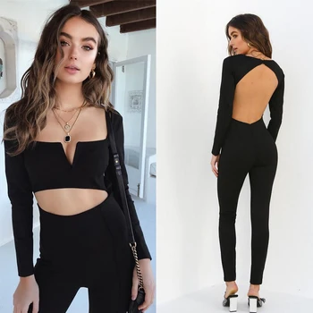 

Fashion Women's Backless Playsuit Bodycon Long Sleeve Skinny Jumpsuit Romper Trousers Sexy Clubwear Black