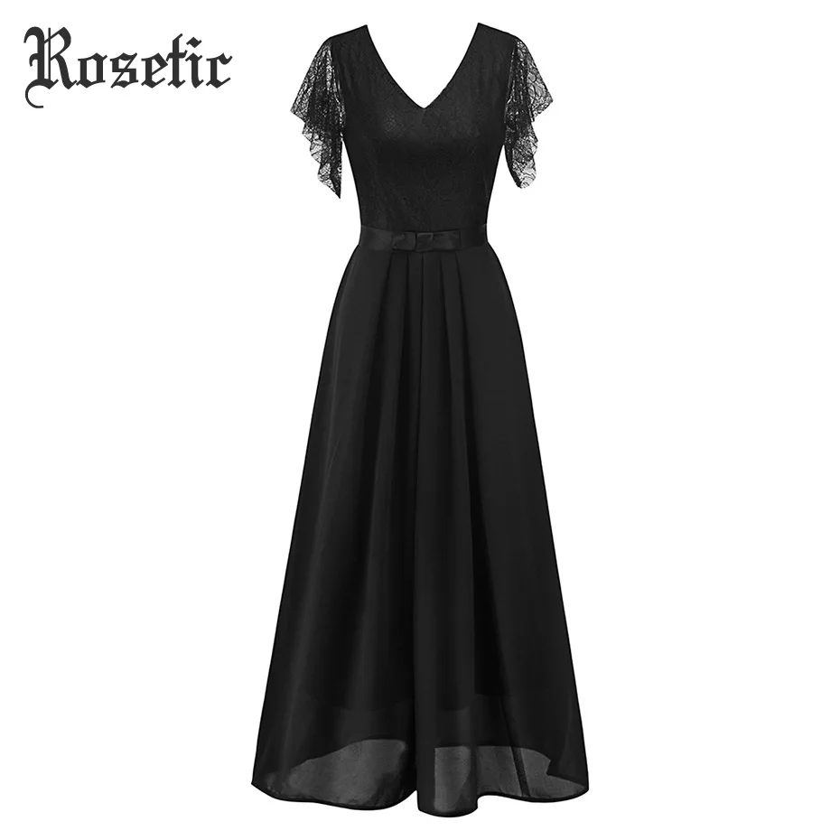 Rosetic платье макси в готическом стиле, кружевное лоскутное платье с рукавами-лепестками и v-образным вырезом, плиссированное тонкое платье с бантом, сетчатые прозрачные вечерние платья, элегантные длинные летние платья