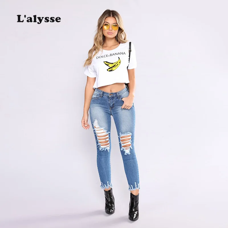 

LALYSSE Plus Size2XL Women Five Pockets Distressed Tight Jeans Female Destroyed Pencil Jeans Ladies Solid Casual Shredding Jeans