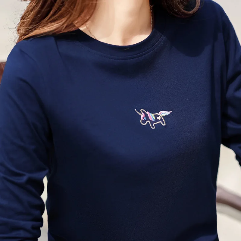 

Winter Long Sleeve T Shirt Women Tops Tees O-neck Kawaii Embroidery Female T-shirt Black Whit Tshirt Autumn Basic T-shirts