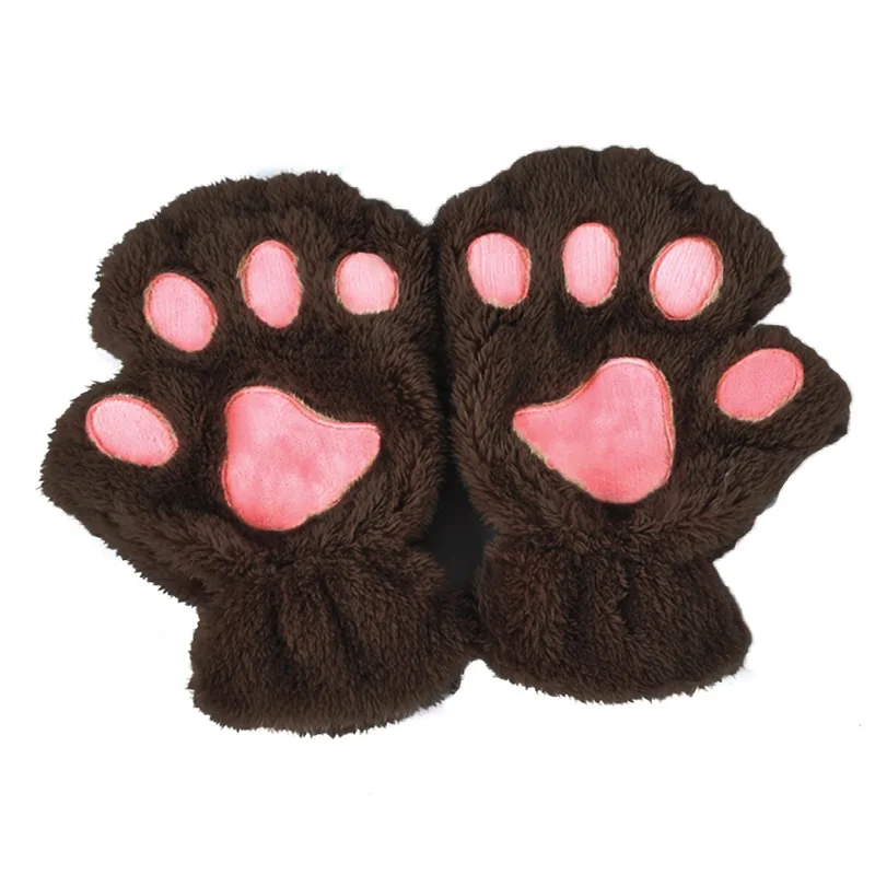Женский медведь кошачья лапа с когтями зимняя рукавица прекрасные перчатки плюшевые перчатки без пальцев Рабочая безопасность теплые короткие перчатки - Цвет: Dark Coffee