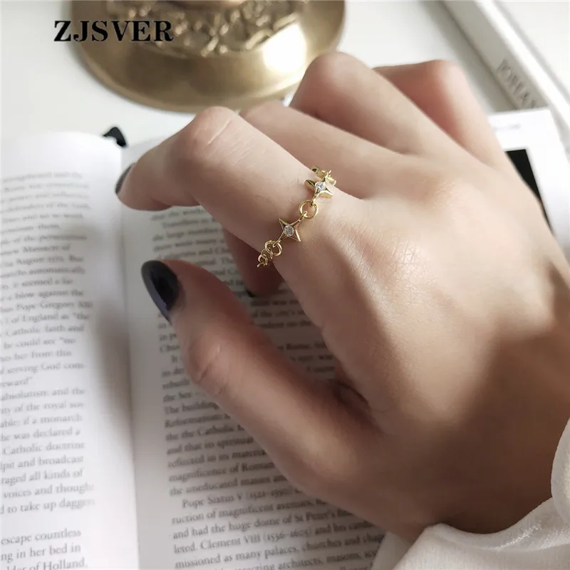 

ZJSVER Korean Jewelry 925 Sterling Silver Rings Golden Retro Cross Crystal Opening Adjustable Women Chain Ring For Party Gift