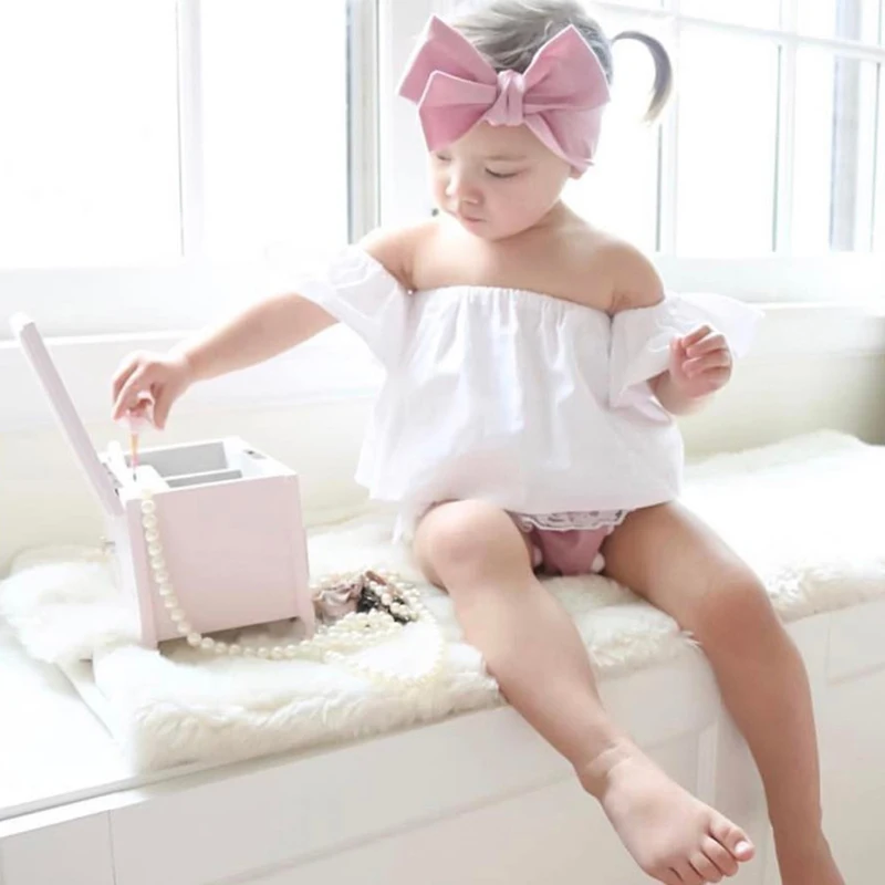 

2PC Toddler Infant Child Kids Baby Girl Outfits Clothes T shirt Off Shoulder Bowknot Headband Lovely Clothes BBT062