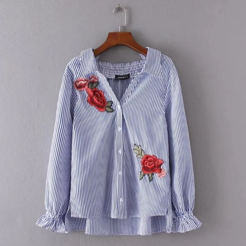 Женская блузка в полоску с цветочной вышивкой и длинным рукавом|blusas fashion|blouse