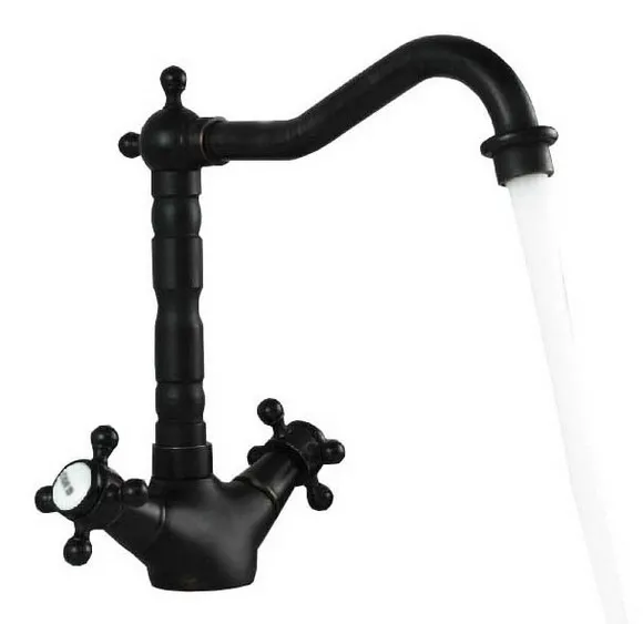 Black Oil Rubbed Brass Double Cross Handle Kitchen Sink Swivel Spout Faucet Mixer Tap Csf095