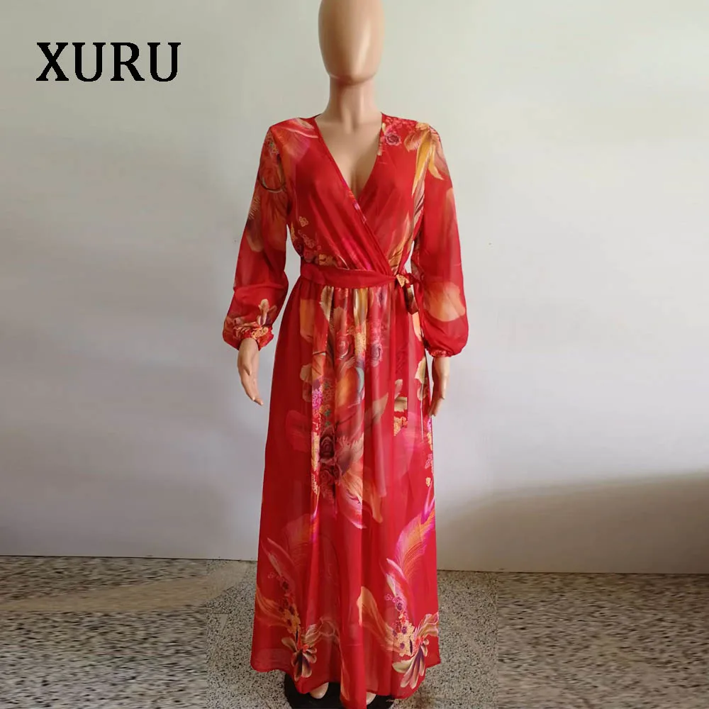 XURU шифоновое платье с принтом пляжное платье большого размера women женское платье с длинным рукавом с v-образным вырезом повседневное свободное платье