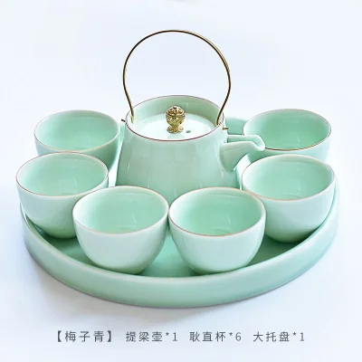 Чайник Celadon с подъемной ручкой, креативный бытовой керамический чайный набор, лучший подарок для отца, подарок на день отца - Цвет: 1pot 6cups 1tray gr