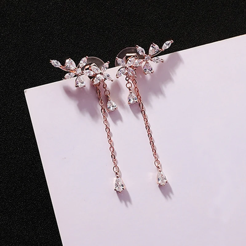 

925 Silver Needle Elegant Long Chain Tassel Cubic Zirconia Flower Drop Earrings for Women Bridal's Wedding Earring Jewelry