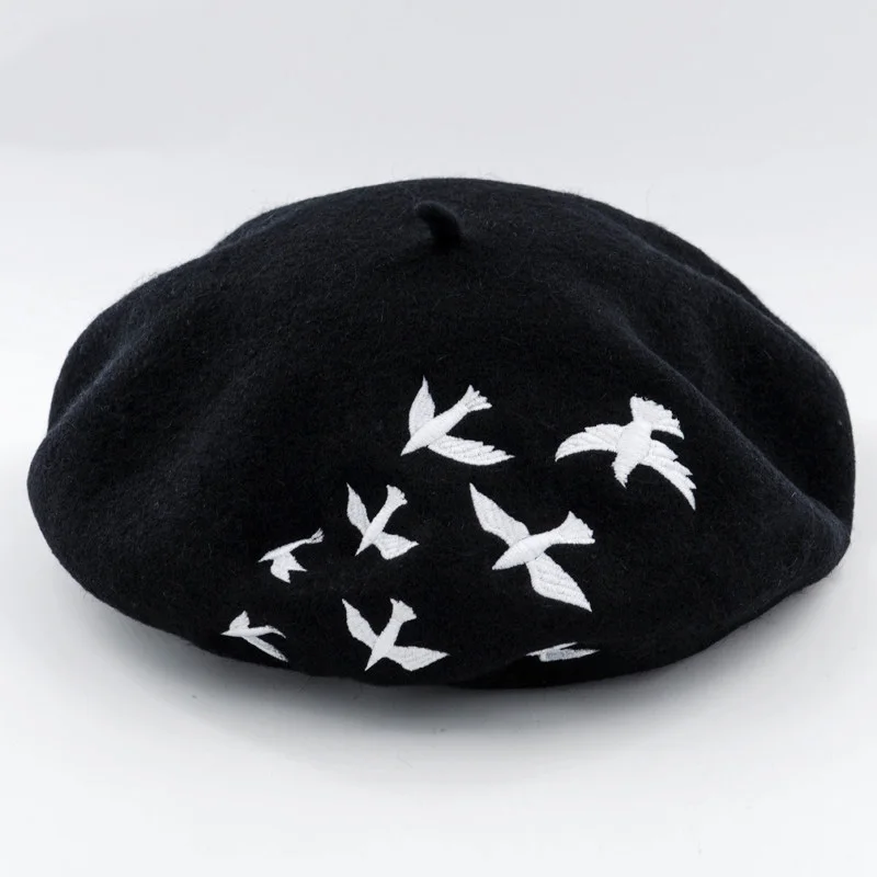 Winter hats for women Berets Knitted wool beret mujer Embroidered Swallows Pattern Berets Hats Baret Warm Caps Boina Feminina 5
