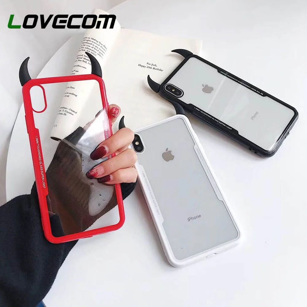 

LOVECOM Devil Horn Clear Phone Cases For iPhone 11 Pro Max XS Max XR X 6 6S 7 8 Plus Full Body Acrylic Back Cover Coque Gifts