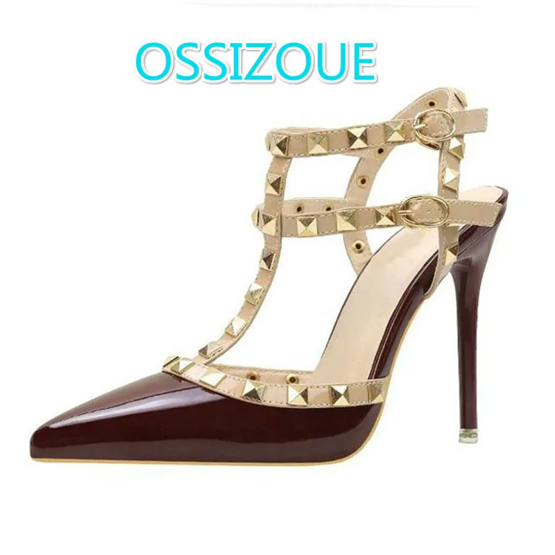 

2019 fashion Pumps shoes Sexy Pointed toe rivet women Shoes Thin Heels Hollow super High heel shoes 34-39