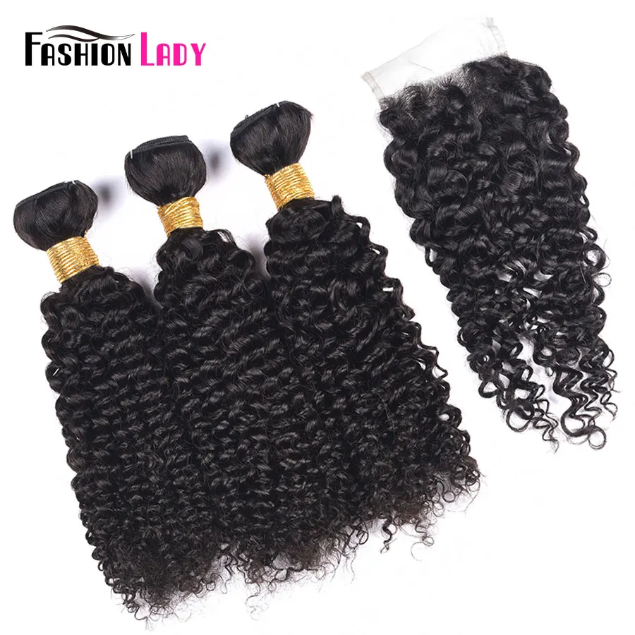 Fashion Lady Pre-Colored Peruvian Curly Hair With Closure 3 Bundles Human Hair Bundles With Closure Natural Color Non-Remy