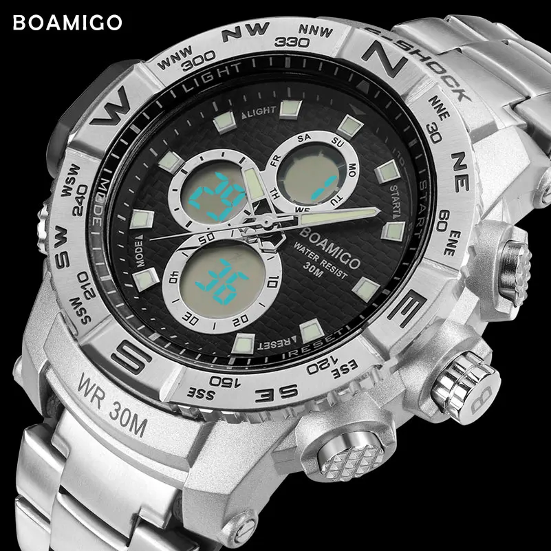 

Water Reistant Men Sport Watches Steel LED Digital Watch Analog Quartz Clock Chronograph Auto Date Dual Display Male Wristwatchs