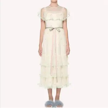 

Women Summer Dress 2019 High Quality Runway O-Neck Ruffles Embroidery Cake Mesh Dress Casual Dresses NP0353A