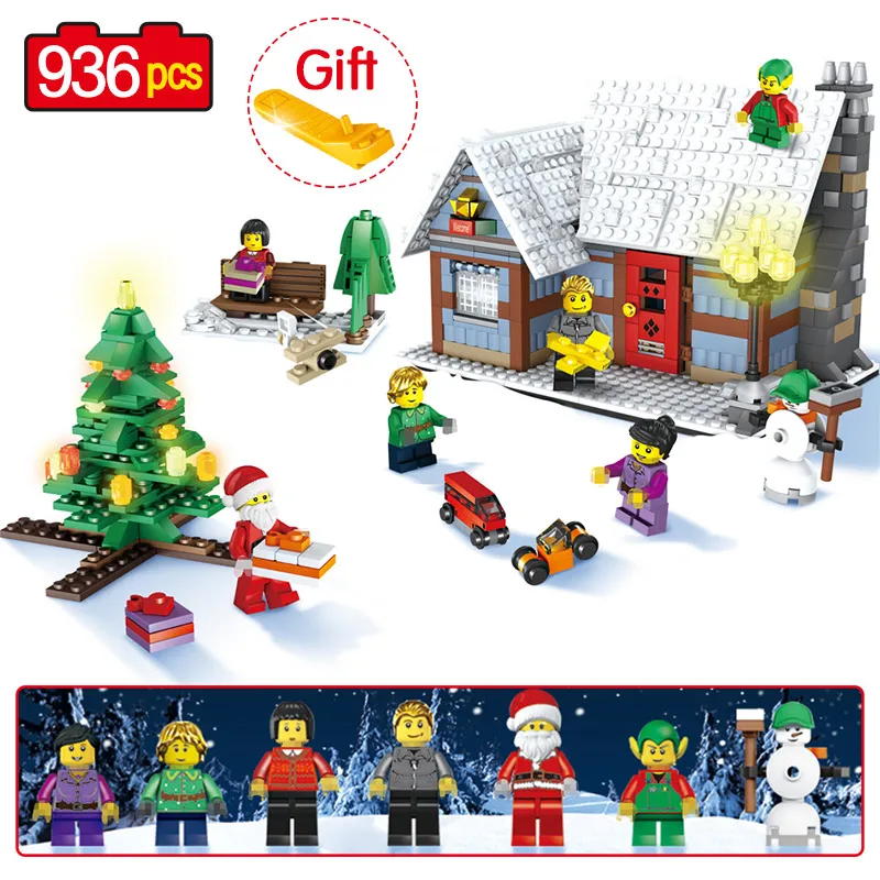 

936pcs Christmas Series Hut With Christmas Tree Compatible LegoINGLY Winter Village Cottage Building Blocks Brick Toy gift