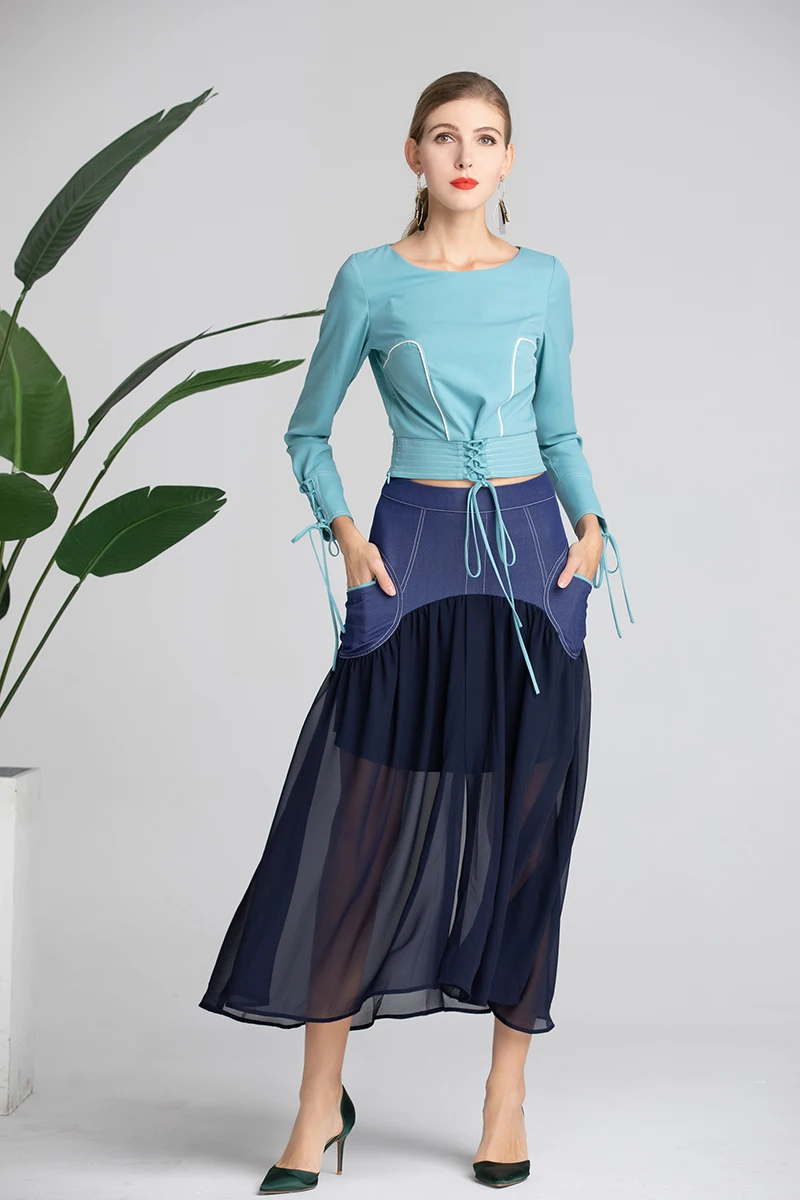 Ensembles Costume Miuximao Nouveau Manches 2019 Pièce Style 2 Longues Printemps Jupe Salopette cou Bleu À Top Épissage Robe Femmes D'o nX1WX