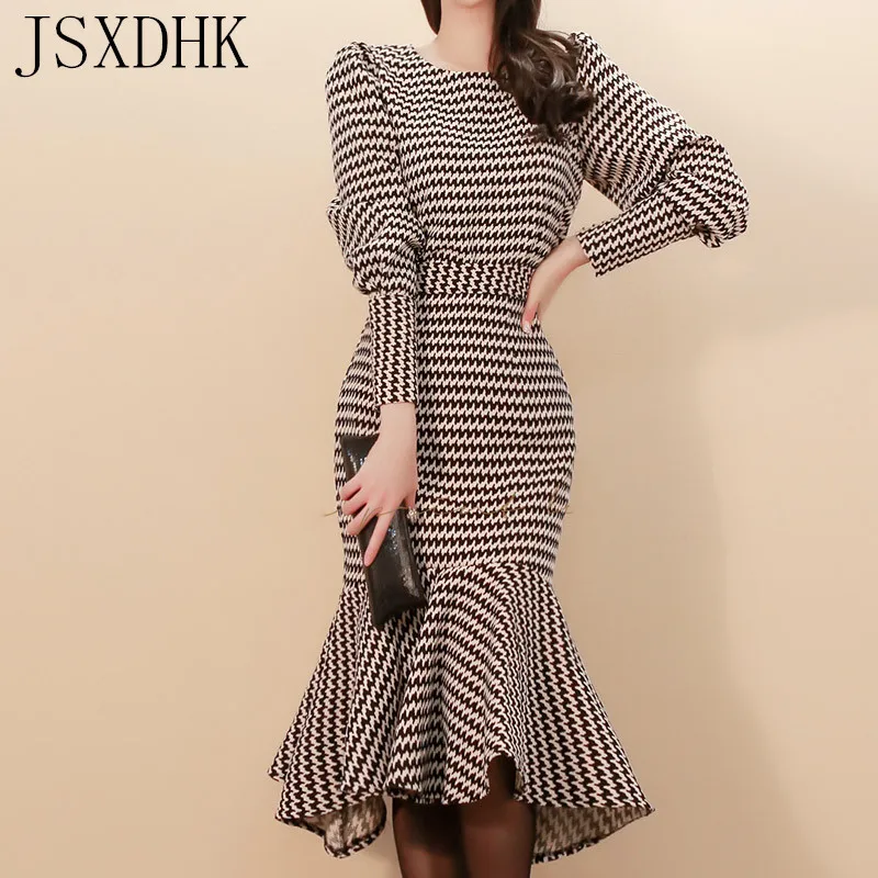 

JSXDHK Fashion Winter Women 2 Piece Set Tweed Houndstooth Long Sleeve Tops + Slim Plaid Bodycon Ruffles Mermaid Skirt Suits