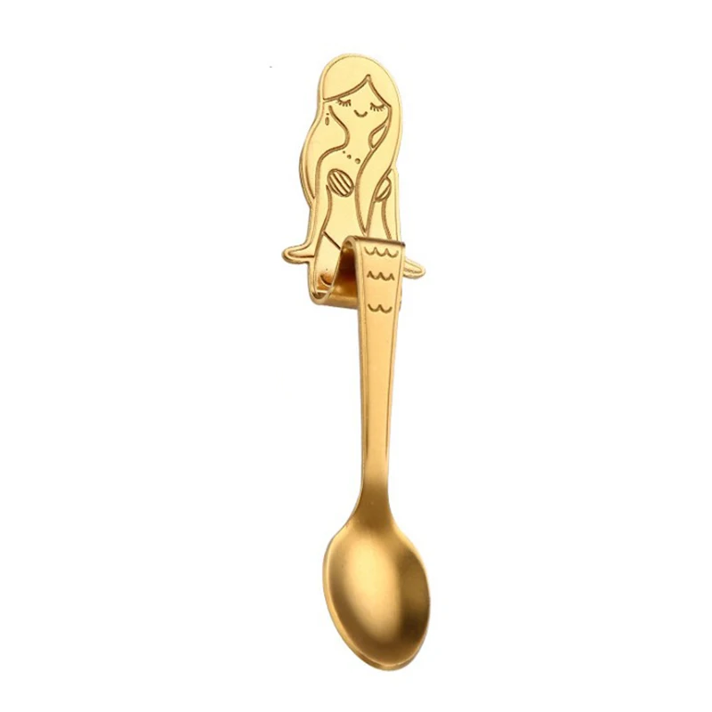 High Quality 304 Stainless Steel Cute Mermaid Coffee Spoon Kitchen Hanging Handle Milk Teaspoon Dessert Scoops Kitchen Gadget - Цвет: Gold