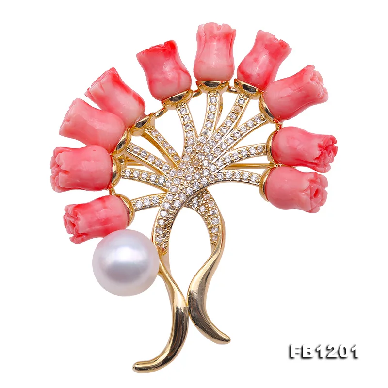 

JYX Charming Red flower Brooches coral Pin with 10mm natural White Freshwater Pearl coral brooch elegant special jewelry