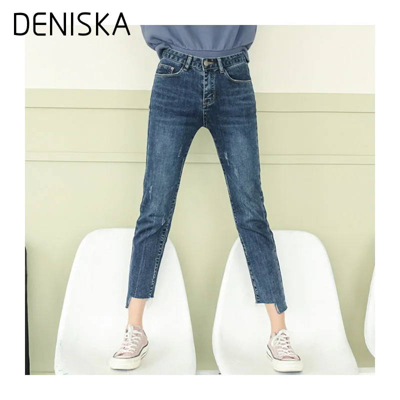 DENISKA Spring Vintage Fringe Side Striped Denim Jeans Pockets Ankle Length Pants European Style
