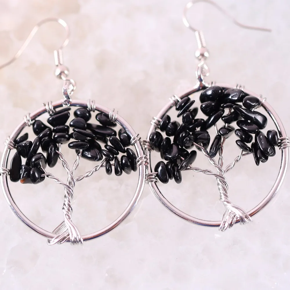 

Tree of life - Natural Stone Irregular Chip Beads Black Onyx Zinc Alloy Wire Wrap Round Earrings 1Pair U362