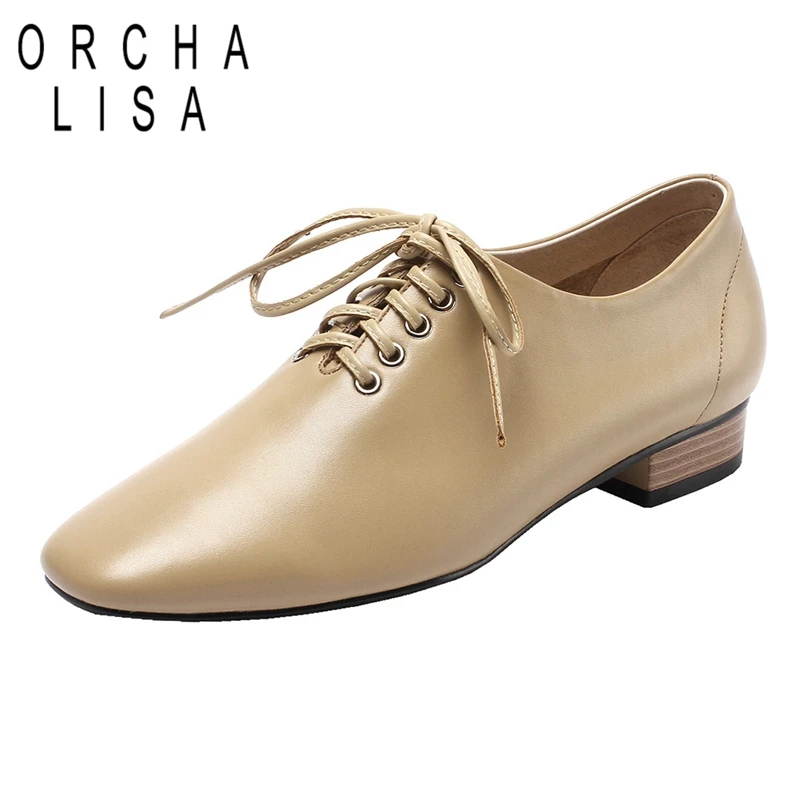 

ORCHA LISA Women genuine leather shoes Cow leather Square toe Lace up Flat with Spring summer High quality Working Office Oxford