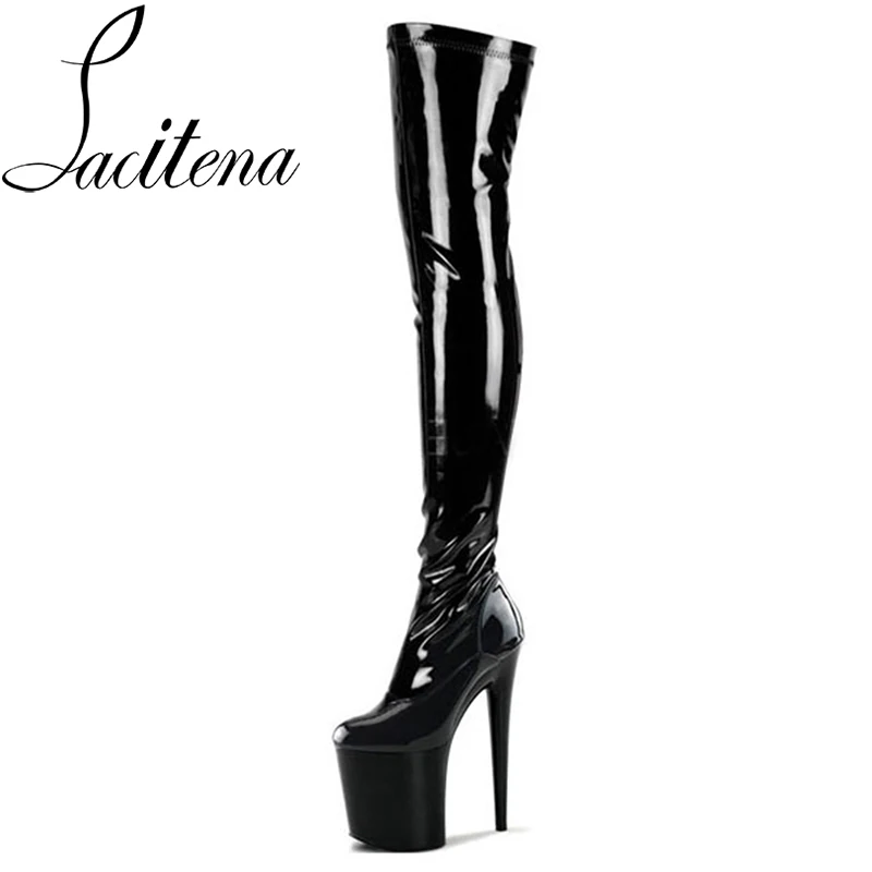 Women Sexy 20 Cm Black Long Boots Patent Leather Boots Spike Heels