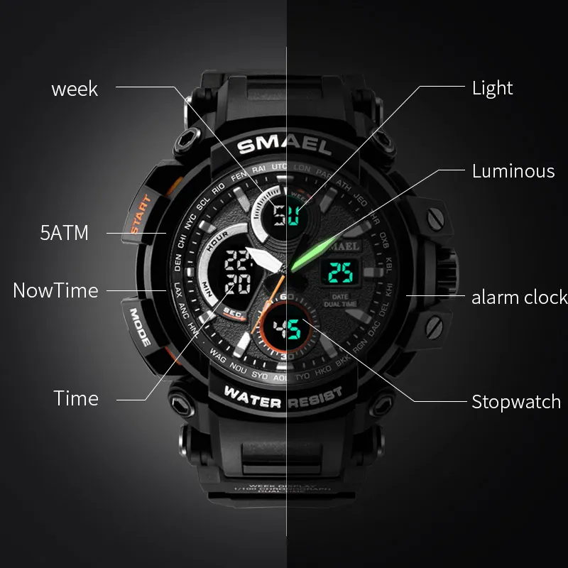 SMAEL Brand Digital Sport Watches Man Chronograph Wristwatches Mens Military 50M Waterproof Relogios Masculino Dropshipping 1708