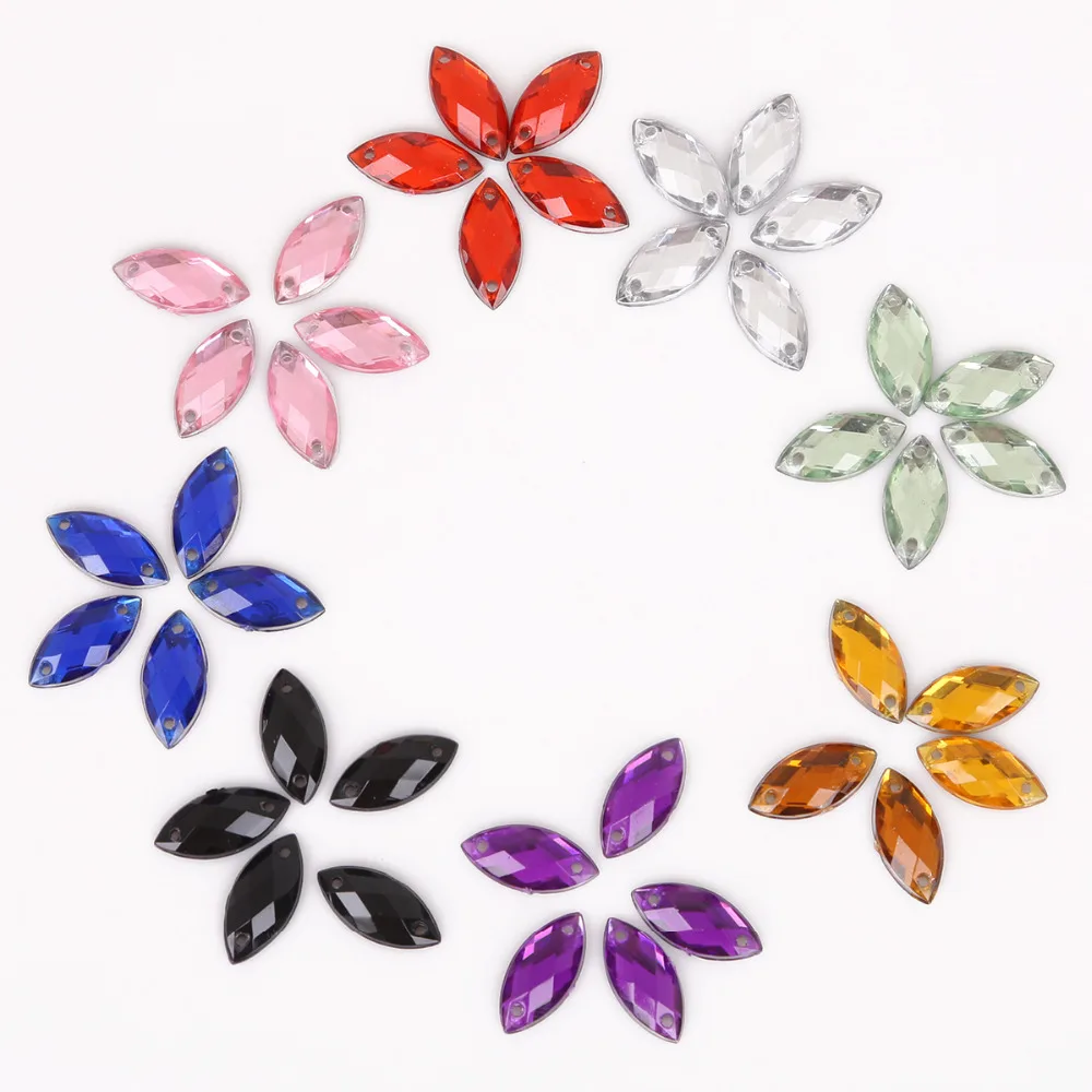 

High Quality AB Color Marquise Shape Acrylic Rhinestones Sewing Flat back Beads Sew On 2 Hole 50pcs 7X15 mm
