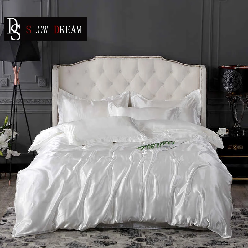 

SLOWDREAM White Luxury Bedding Set 100% Silk Bedspread Double Duvet Cover Set Flat Sheet European Bed Linens Decor Bedclothes