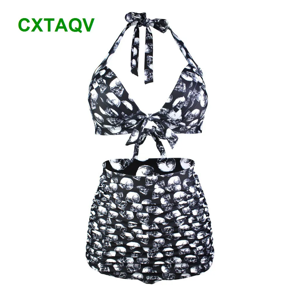 

Skulls Bikini Set Sexy Vintage Biquini Beach Bathing Suit Halter Top Push Up High Waist Bottom Print Swimsuit Plus Size 3XL/4XL