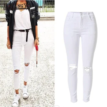 

HCYO Women High Waist Jeans Streetwear Solid Color Slim Stretch Pants Hole Denim Trousers Women Casual Skinny Ripped Jeans Pants