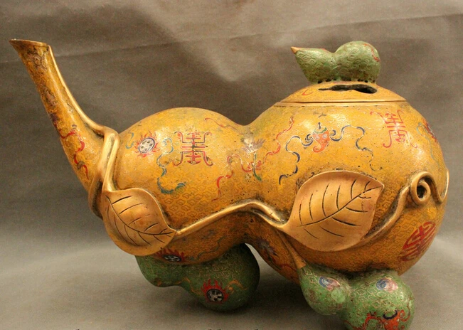 

wholesale factory 20" Tibet Cloisonne Enamel Bronze Gilt Gourd Statue Box Incense Burner Censer