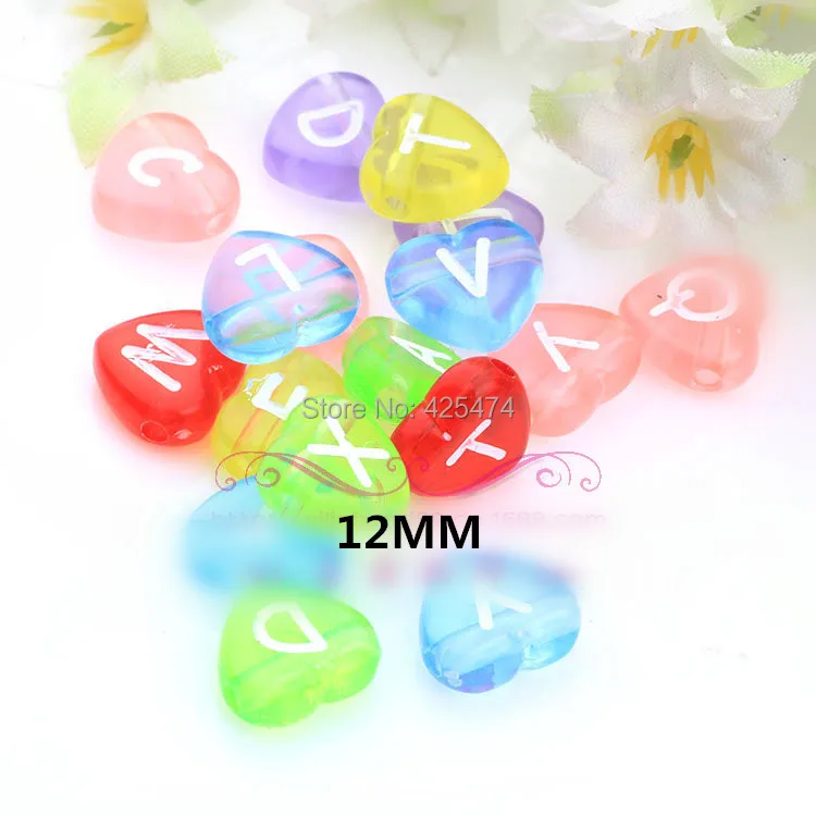 Factory Price 1200PCS/Lot 12MM Love Heart Shape Transparent Mixed Colors Acrylic Alphabet Letter Beads Fit for DIY Name Bracelet